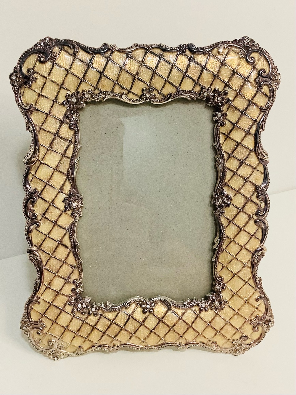 Cream Gold Lattice Enamel Silver Ornate Picture Frame Floral w/ Crystal Accents